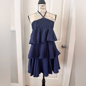 NWT Navy Blue Tiered Halter Mini Sundress Smocked Sz Small Tie Neck Bohemian